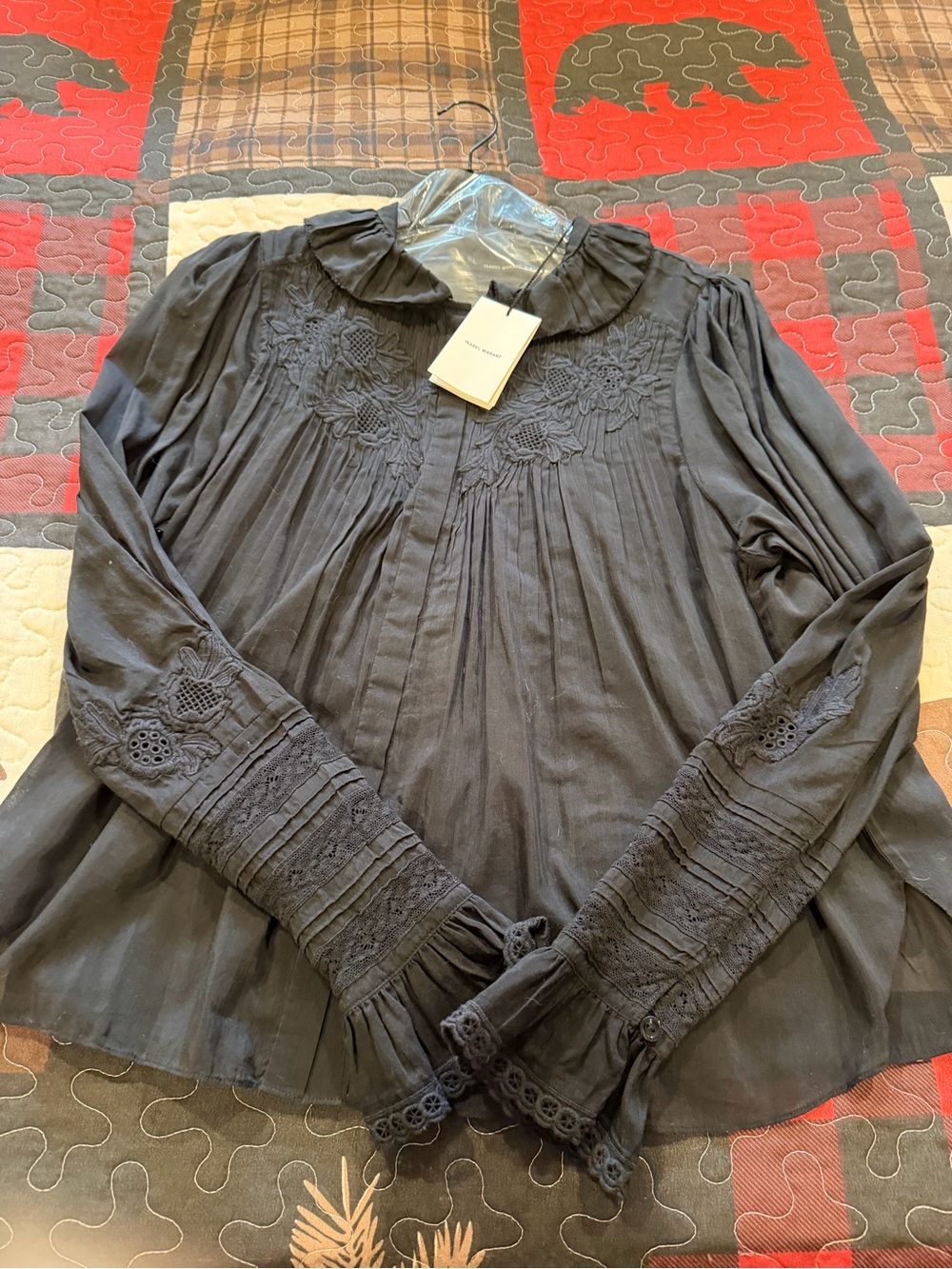 Isabel Marant Black Embroidered Pintuck Peasant Blouse